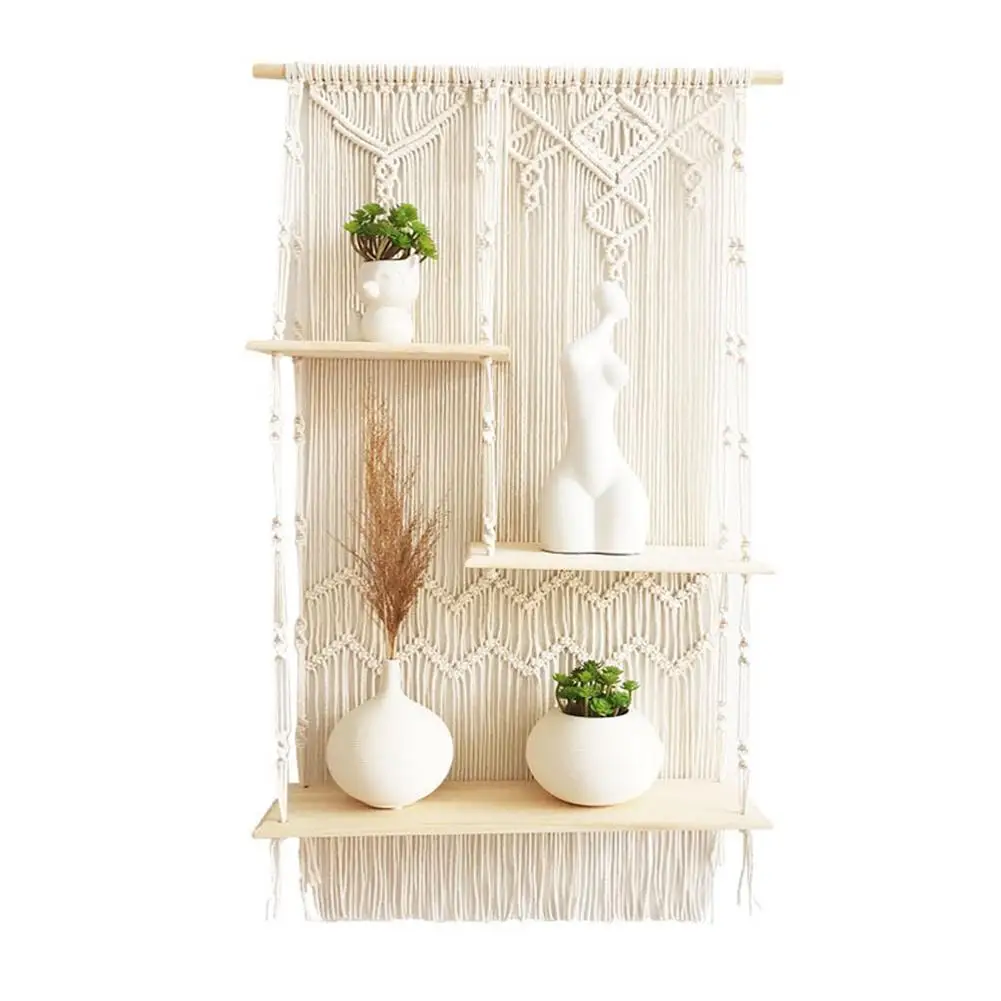 

NEW DIY Handmade Tassel Macrame Tapestry Wall Hanging Shelf Boho Cotton Rope Woven Plant Hanger Wood Floating Shelf Wall Decor