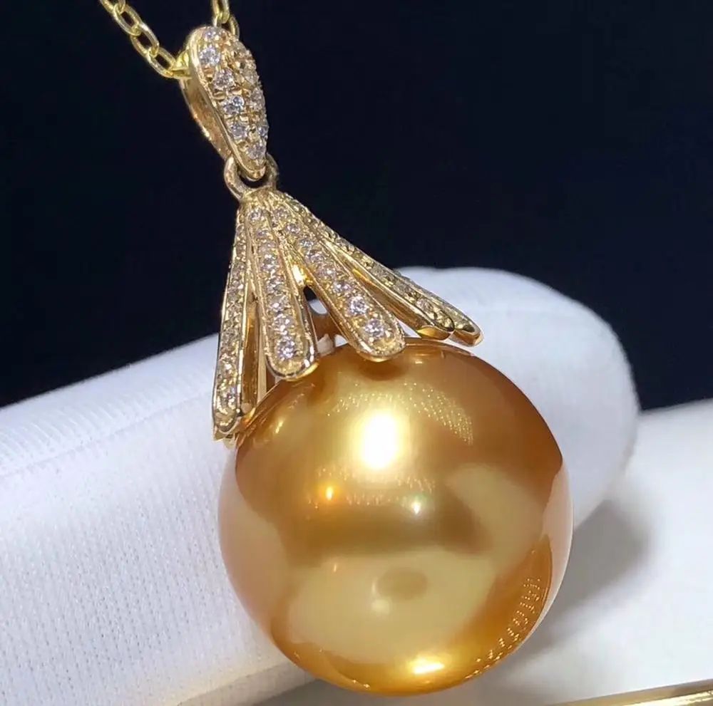 D206 Fine Jewelry 18K Yellow Gold Natural Ocean Golden Diamonds Pearl 14-13mm Pendant Necklaces for Women FIne Pearls Pendants