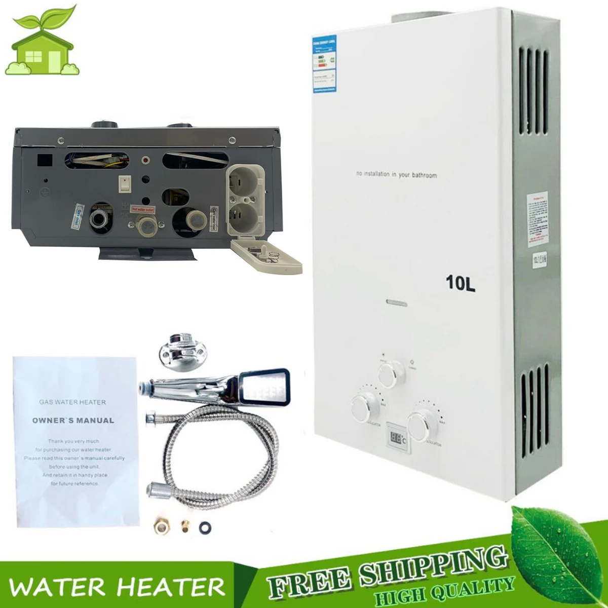 10L 20KW LPG Tankless Natural Gas Water Heater Boiler Tankless Air Panas Instan Pemanas Rumah Shower dengan Shower Kepala Kit 2.64GPM