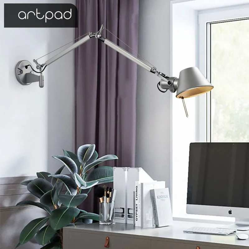 Artpad American Modern Swing Long Arm LED Flexible Wall Lights AC90-260V Silver/Black Eye Protection Bedroom Bedside Wall Lamp