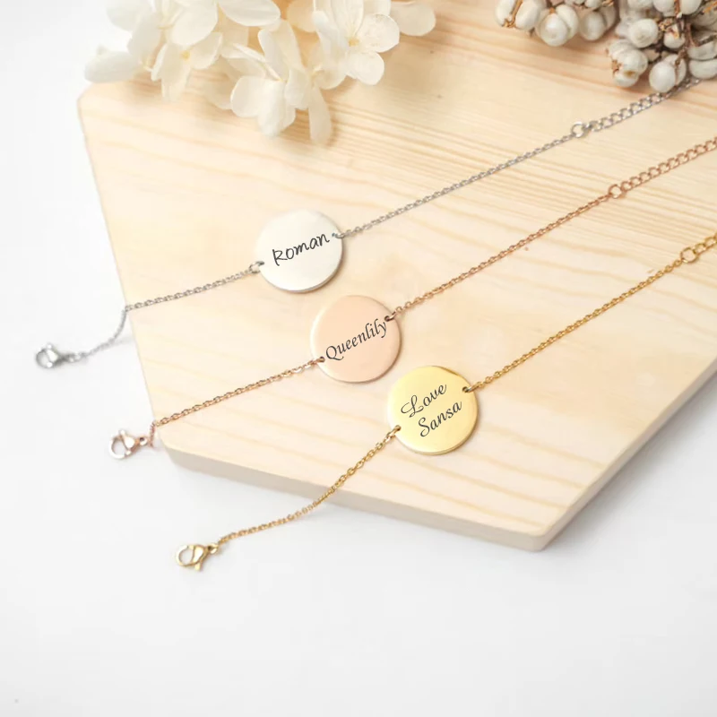 Fashion Personalized Engraving Name Coins Pendant Custom Bracelet for Women Wedding Bangle Jewelry Handmade Logo Wrist Chain