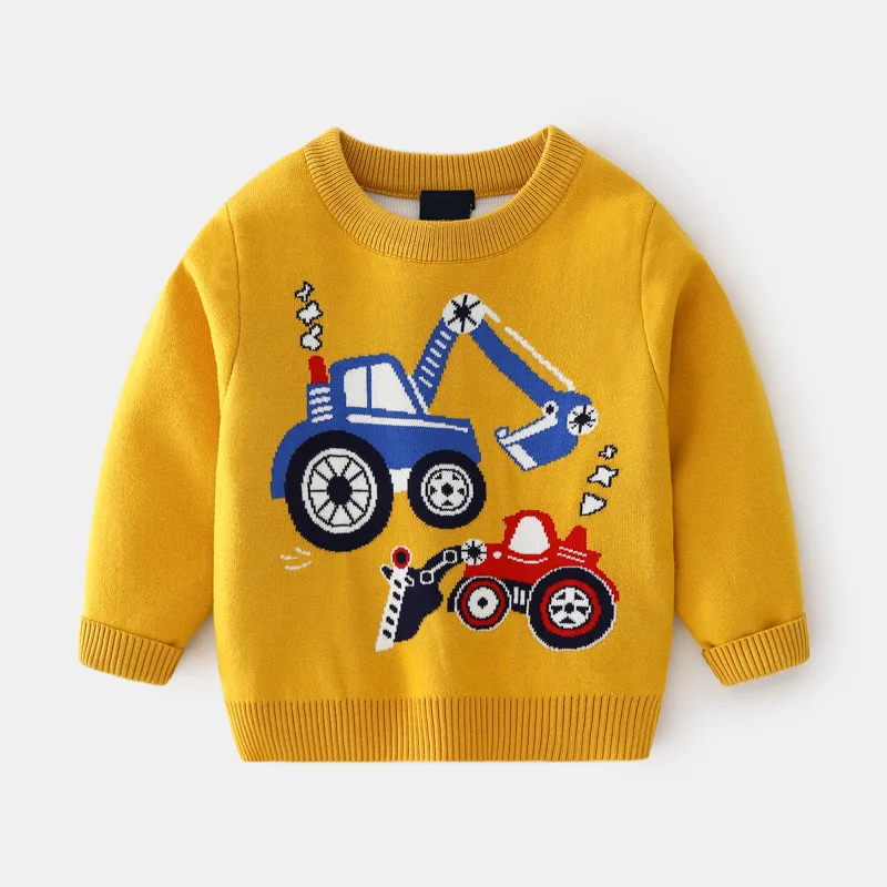 New 2021 Autumn Winter Kids Pullover Sweater Boys Cartoon Excavator Jacquard Thick O-neck Knitted Jumper Sweaters Tops Clothing