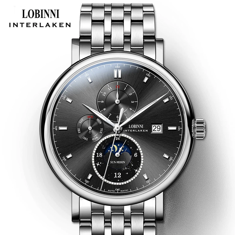 

LOBINNI Moon Phase Чайка Механизм Корпус из розового золота Ремешок из нержавеющей стали Мужские часы Роскошные автоматические механические часы с автоподзаводом