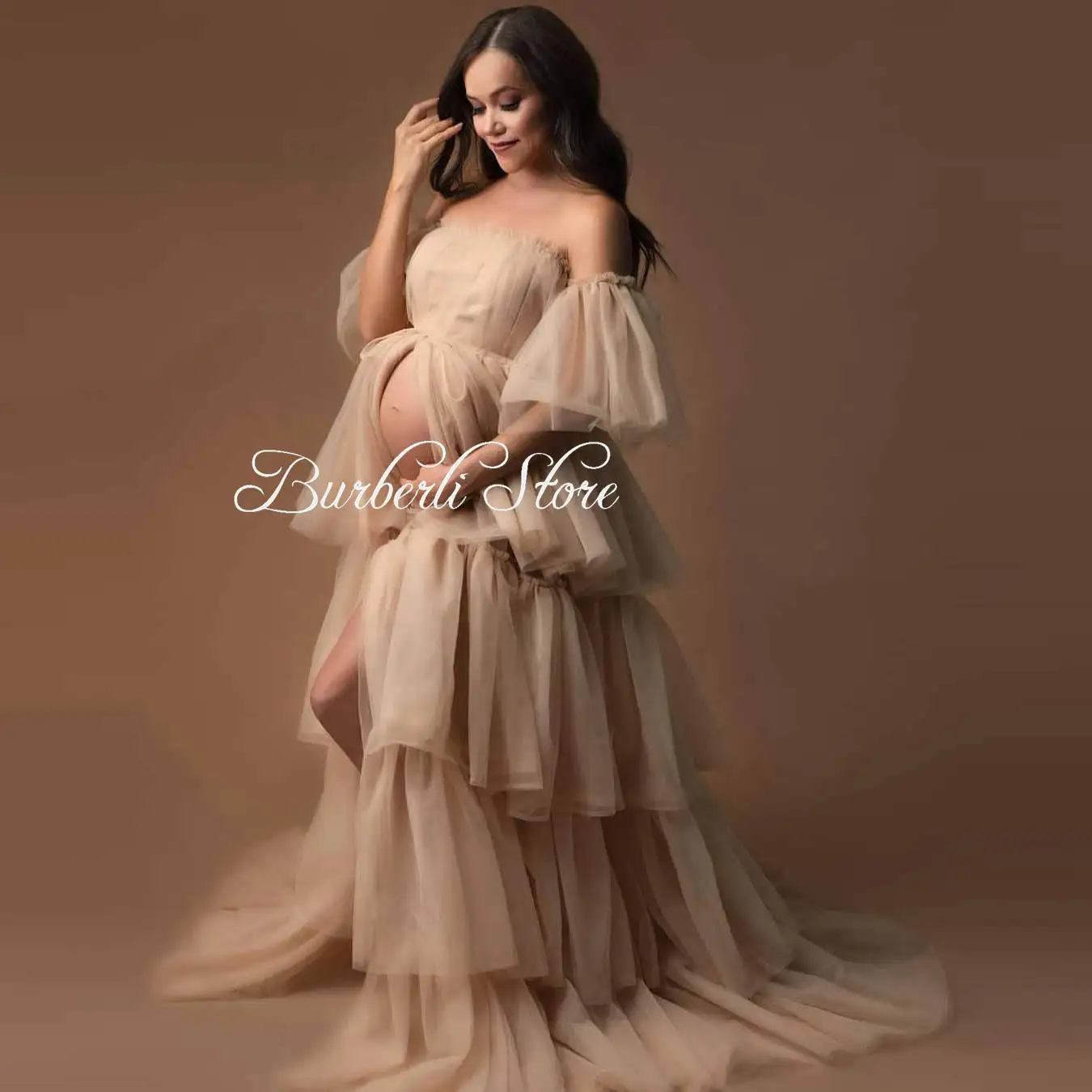 

Elegant Off Shoulder Tiered Ruffles Tulle Maternity Dress To Photography Open Front Soft Tulle A-line Baby Shower Gowns