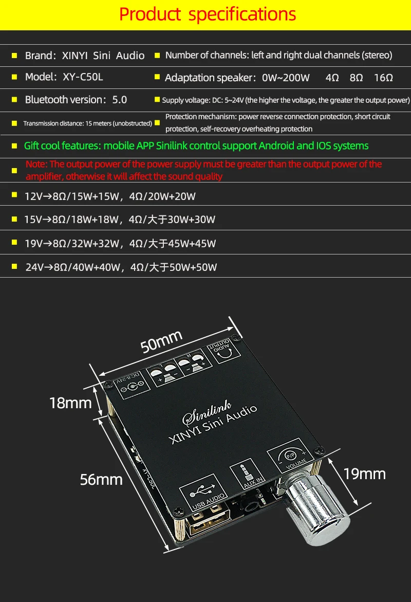 XY-C50L 3.5mm usb app mini bluetooth 5.0 50w + 50 amplificador de potência sem fio áudio digital placa estéreo bluetooth amplificador