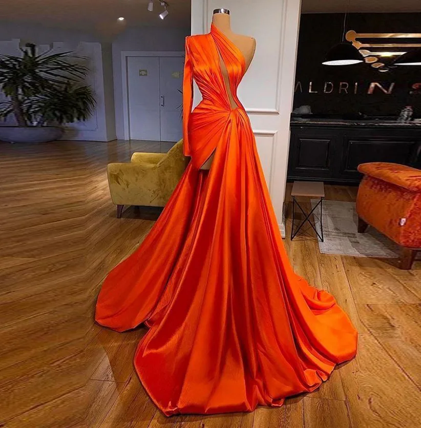 Fashion One Shoulder Orange Woman Satin Evening Dress 2025 Sexy Long Prom Party Gown Vestido De Fiesta Gala Customized