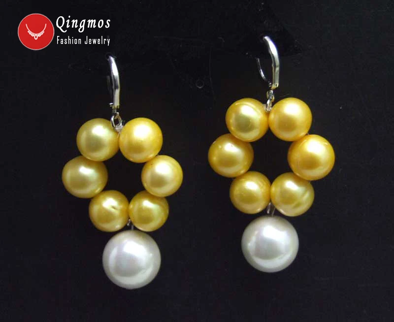 Qingmos Fashion Natural Gold Pearl Earrings For Women With Yellow 10-11mm Pearl & 14mm White Sea Shell Pearl Leverback Earring