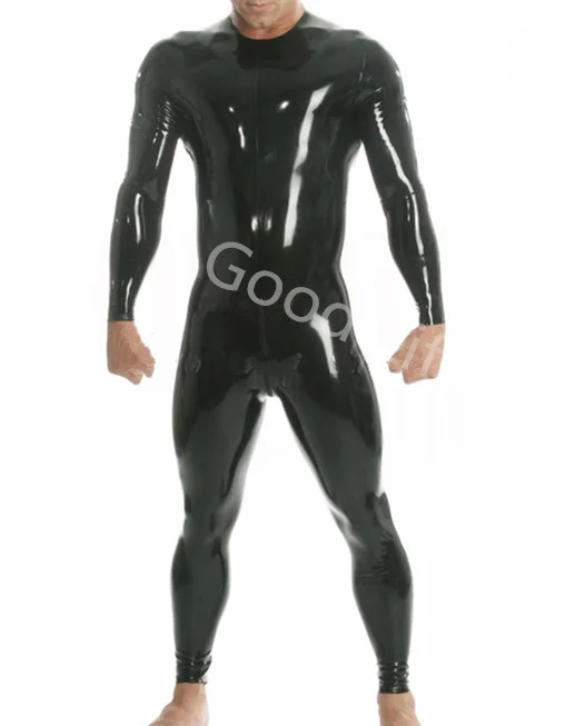 Handmade back crotch zip Round collar latex suit Unitard Sexy Zentai overall Latex Catsuit rubber Men's Bodysuit