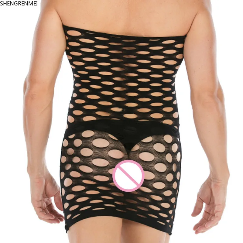 

SHENGRENMEI New Sleepwear Gentleman Exotic Apparel Hollow Out Nightwear Black Nightdress Male Underwear Gay Sissy Sexy Lingerie