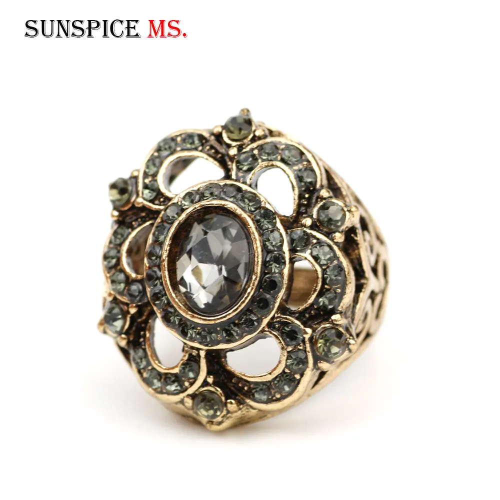 Retro Vintage Gray Crystal Ring Female Ethnic Party Jewelry Turkish Antique Gold Color Elegant Banquet Flower Ring