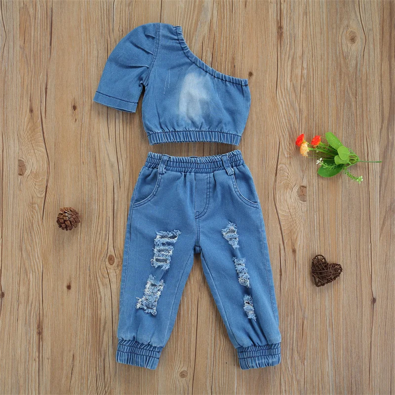 Kids Girl’s 2 Piece Set Solid Color One-shoulder Denim T-shirt Crop Tops and Ripped Long Pants Fashion Suit for 1 to 6Years