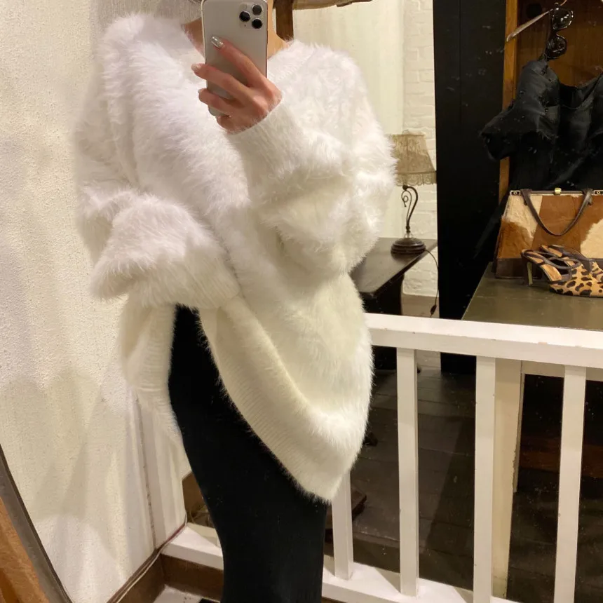 JSXDHK Casual Women V Neck Thicken Warm Knitting Sweaters Autumn Winter Mink Cashmere Soft Ladies Loose Mohair Long Pullovers