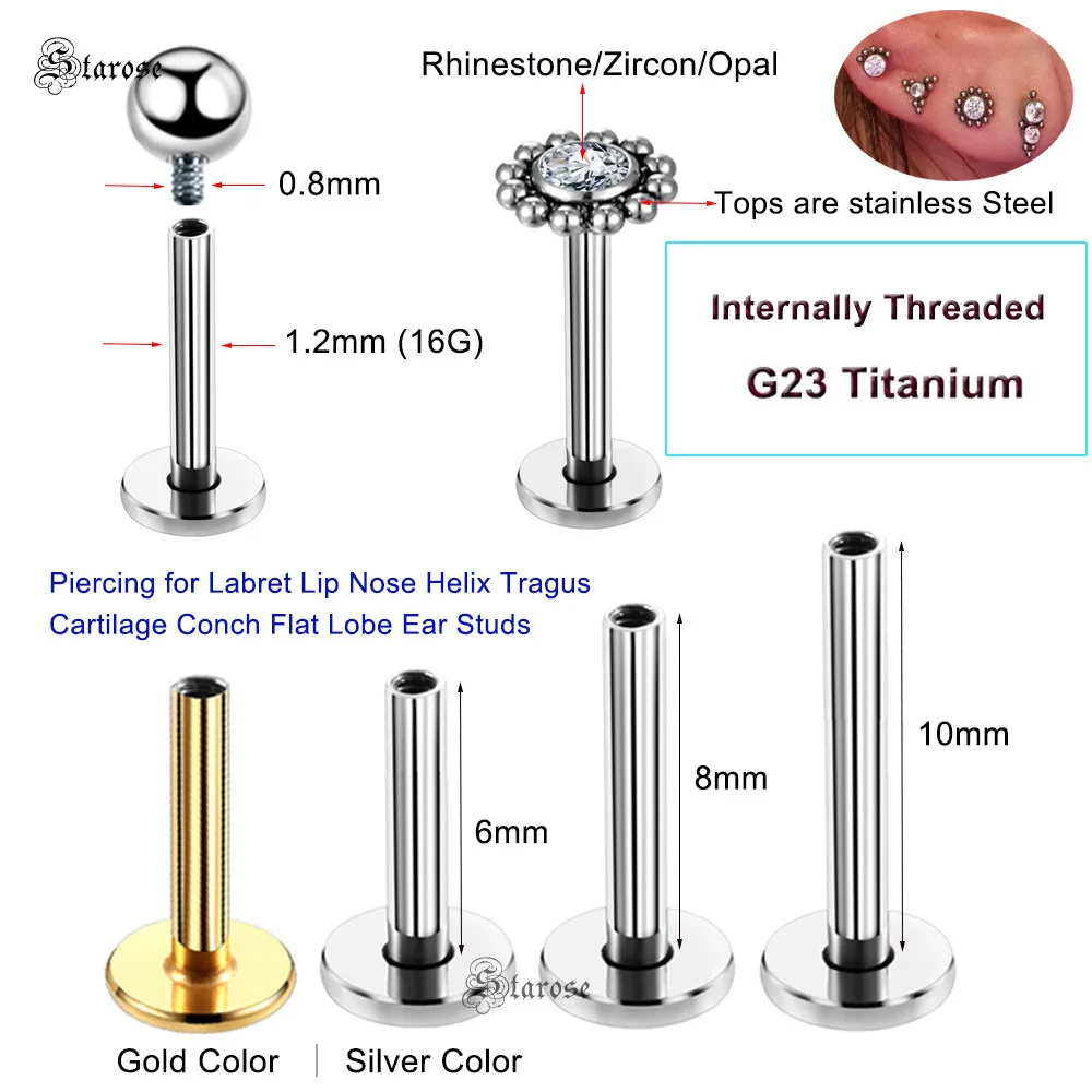 1Pc 1.2x6/8mm G23 Titanium Base Stainless Steel Studs Lip Labret Piercing Nose Helix Piercing Conch Tragus Earrings Flat End