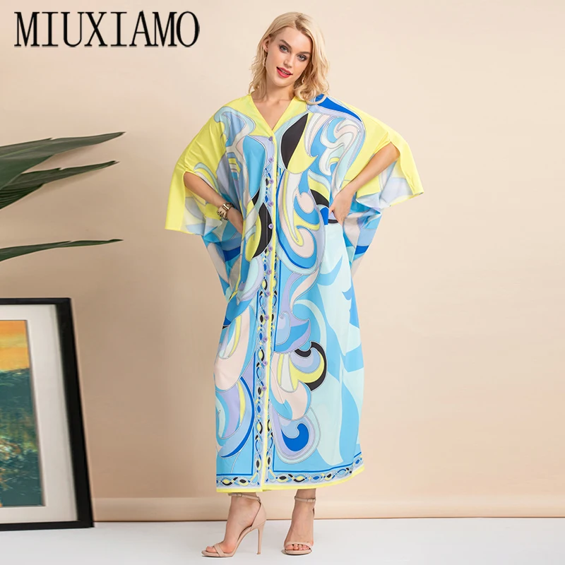 MIUXIMAO 2023 Bohemian Plus Size Dress V-neck Batwing Sleeve Maxi Dress Women Colourful Floor Length New Kaftan Loose Dress