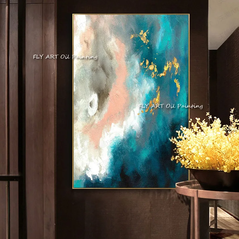Modern Handmade Abstract Painting Gold Blue Oil Picture Draw By Skill Artist Home Decor For Living Room As Gift