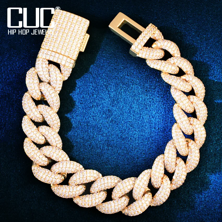 19mm Full Zircon Miami Cuban Bracelet Chain Gold Color Solid Men's Hip Hop Link Fashion Rock Jewelry