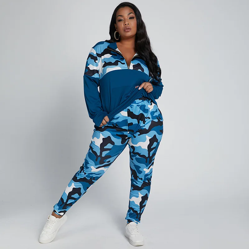 Winter Two Piece Set Women Tracksuit Zipper Stand Collar Tops Camouflag Pants Set Fashion Patchwork Two Piece Outfits