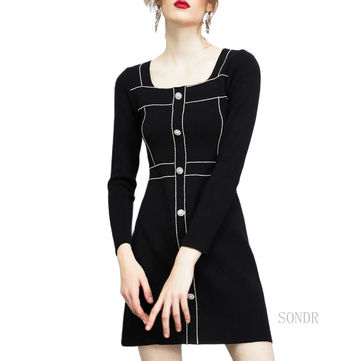 

Little Black Dress 2022 Spring Sweater Dress Women Square Collar Single Breasted Diamonds Chain Trim Slim A Line Mini Dress