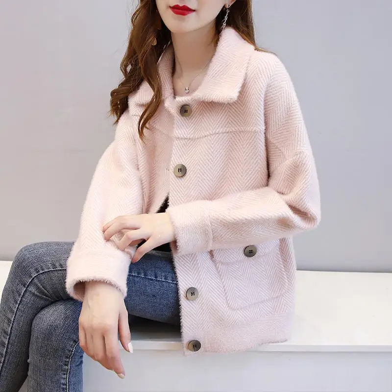 2022 New Women Woolen Jacket Female Imitation Mink Velvet Coat Ladies Short Wool Coats Lady spring Autumnr Knit Cardigan Tops C