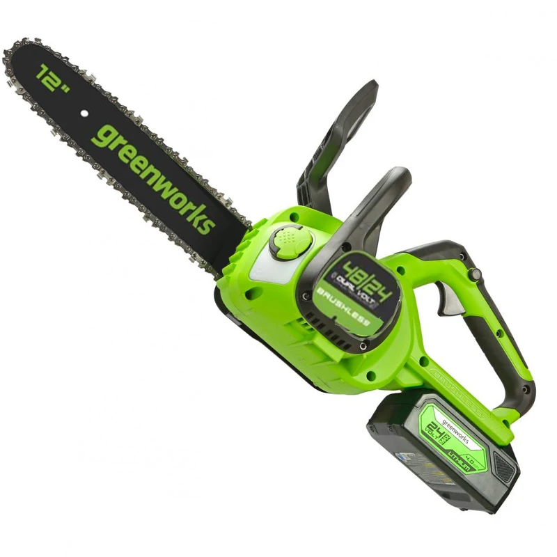 New Greenworks 24v / 48v Cordless Chainsaw CSG401 Dual Volt Brushless Chain saw 12 Inch Guide Bar Wood Cutter Power Tools