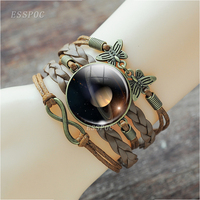 Eight Planet Bracelet Solar System Jupiter Mercury Neptune Sun Moon Saturn Earth Glass Cabochon Multi-layer Leather Bracelet
