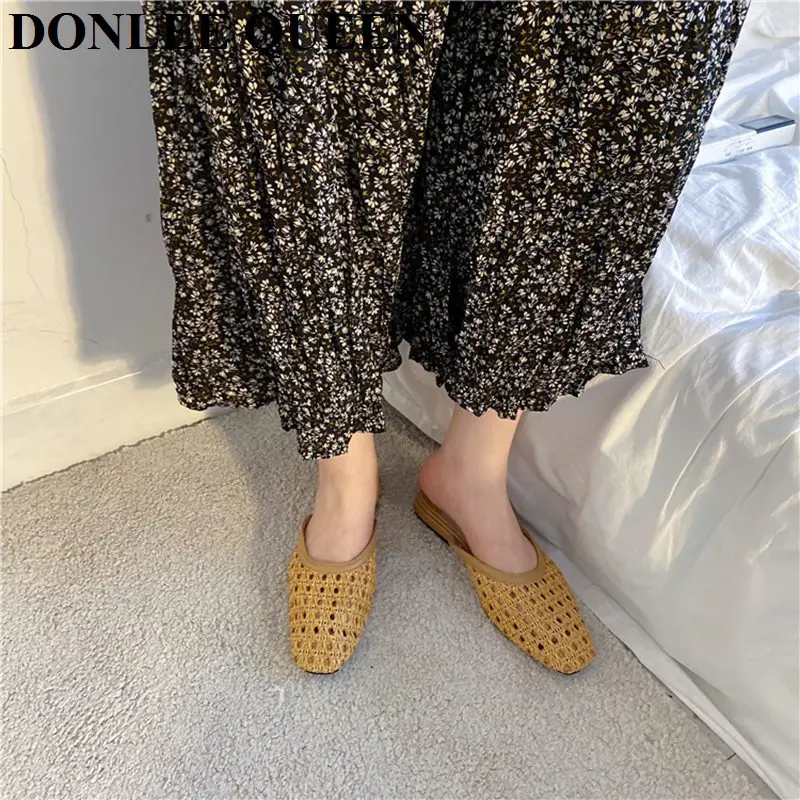 2021 Summer Slippers Fashion Cane Weaving Mule Shoe Female Designer Slide Ladies Brand Slipper Casual Flip Flops Sandalias Mujer