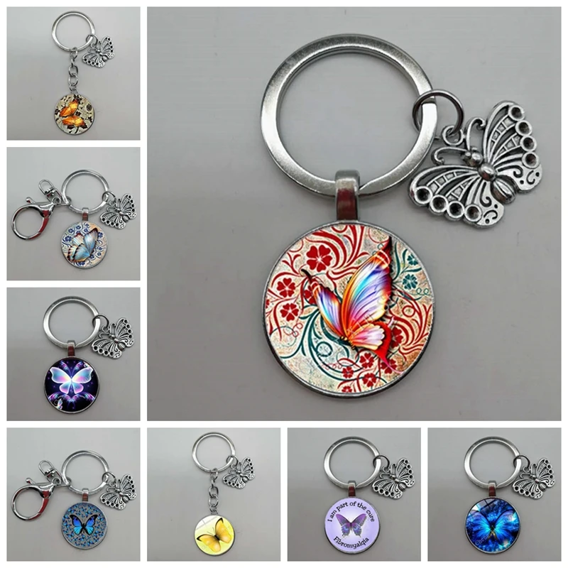 Новый-креативный-брелок-бабочка-с-цветочным-узором-брелок-со-стеклянной-подвеской-Женская-Модная-бижутерия-украшение-для-автомобиля-брелок