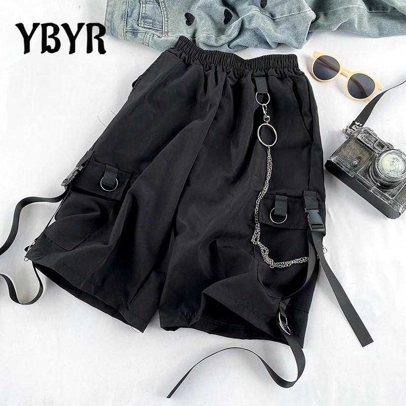 

4XL Loose Shorts Women Summer Elastic Waist Cargo Shorts Harajuku Ribbons Black Hip Hop Streetwear Casual Male Sportswear Men