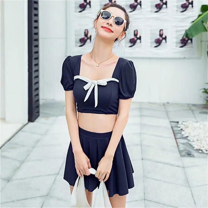 Bikini Set Women Kawaii Bow Summer High Waist Swimsuit Slim Solid College Casual Fashion Harajuku Lovely Puff Sleeve Tender Chic