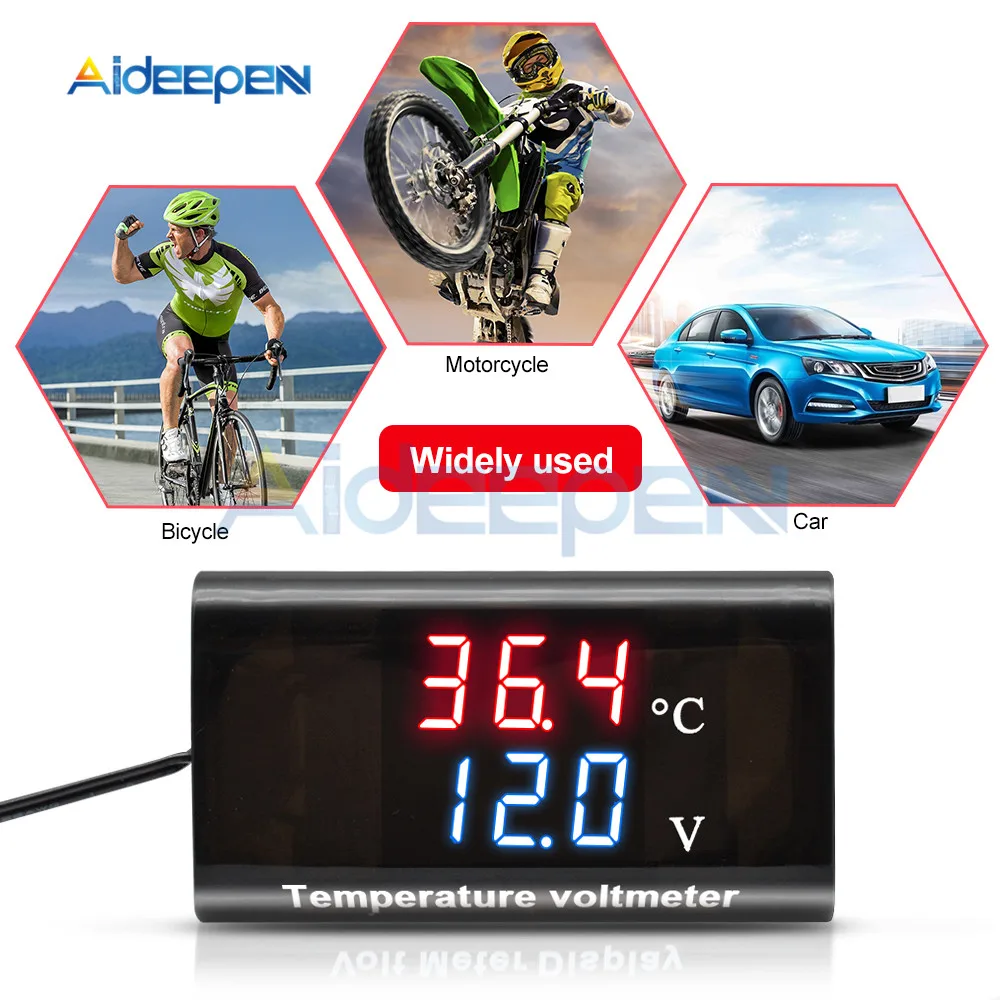 DC 8-18V IPX6 Waterproof Digital Temperature Voltmeter 12V Car Boat Motorcycle 0.56inch LED Volt Voltage Meter Mini Tester Panel