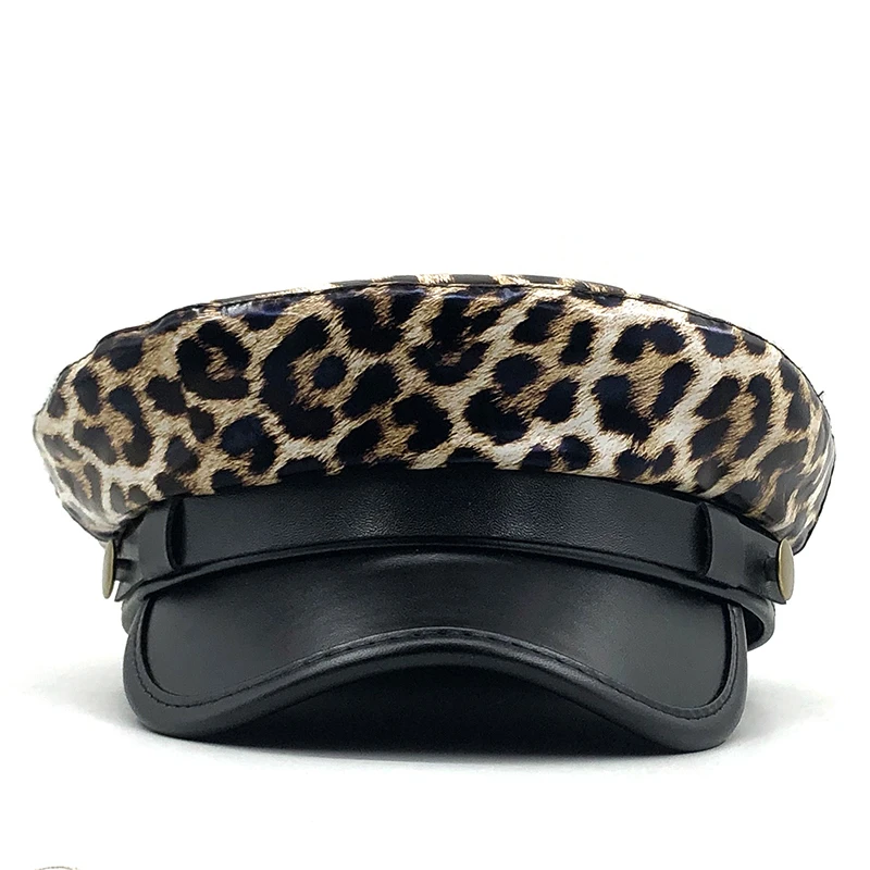 New autumn winter PU Beret Hats For Women French Berets Female Leopard print Berets Black Berets With Adjustable Rope