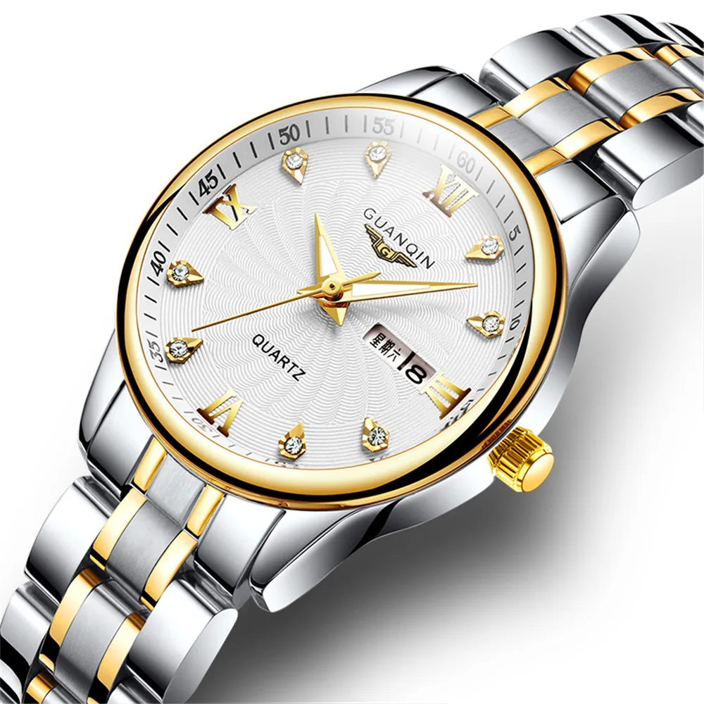 GUANQIN-reloj de cuarzo de acero inoxidable para hombre y mujer, conjunto de pulsera de lujo con diamantes, 2020