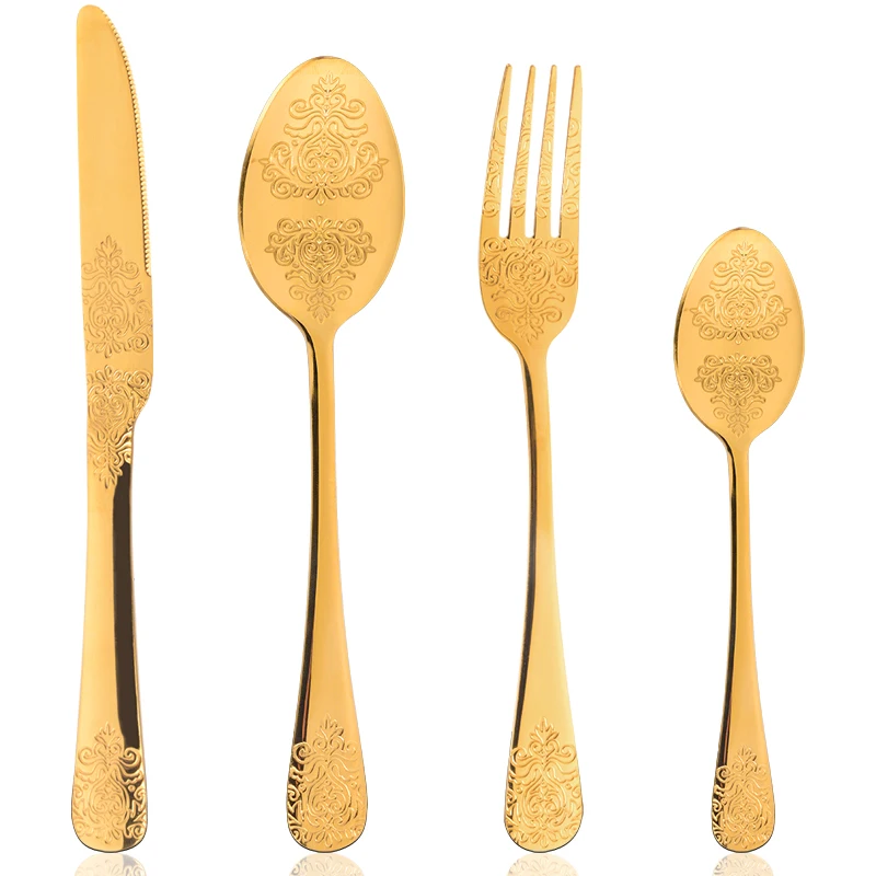 

Golden European Cutlery Set Stainless steel Dinner Set Embossed Gold Spoon and Fork Set Christmas Gift Gold Kitchen Accessories