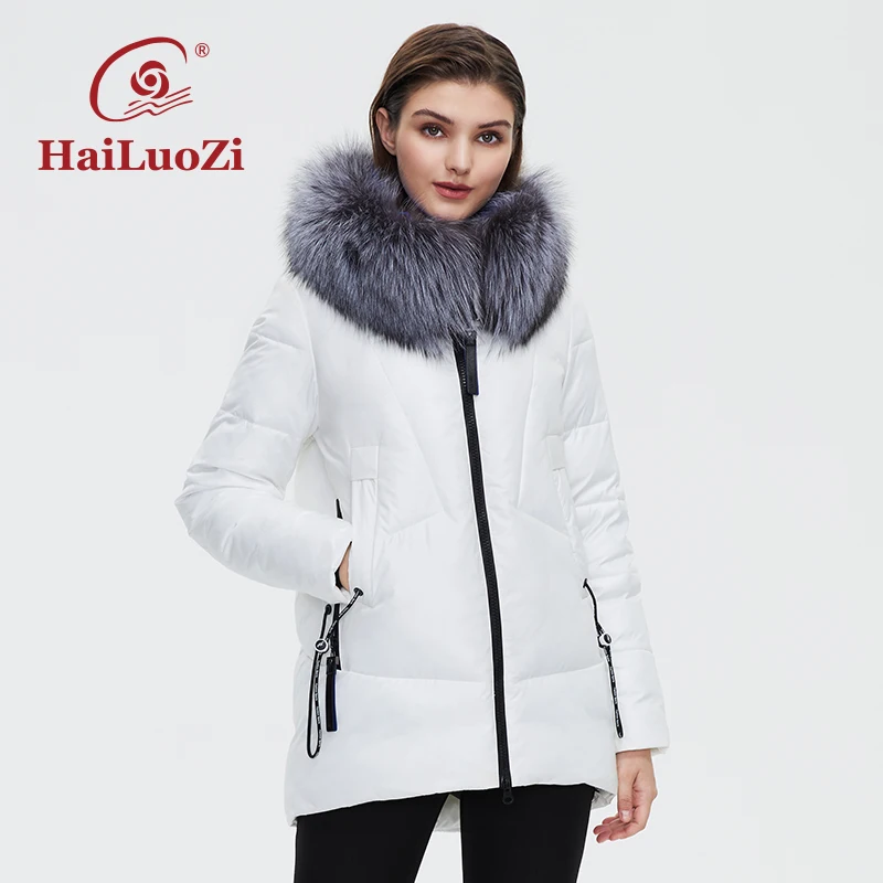 HaiLuoZi 2022 New Women\'s Winter Jacket Short Hooded Natural Real Fox Fur Collar Women Coat Windproof  Female Casual Parka 6001