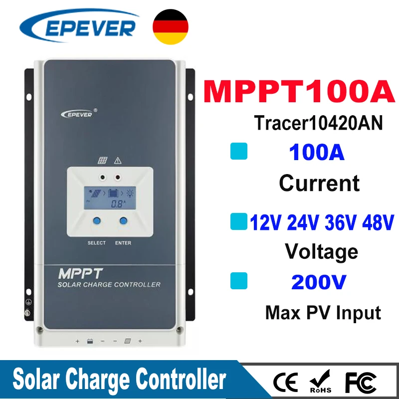 EPever MPPT 100A Solar Charge Controller 12V 24V 36V 48V Backlight LCD for Max 200V PV Input Real Time Recording  10420AN