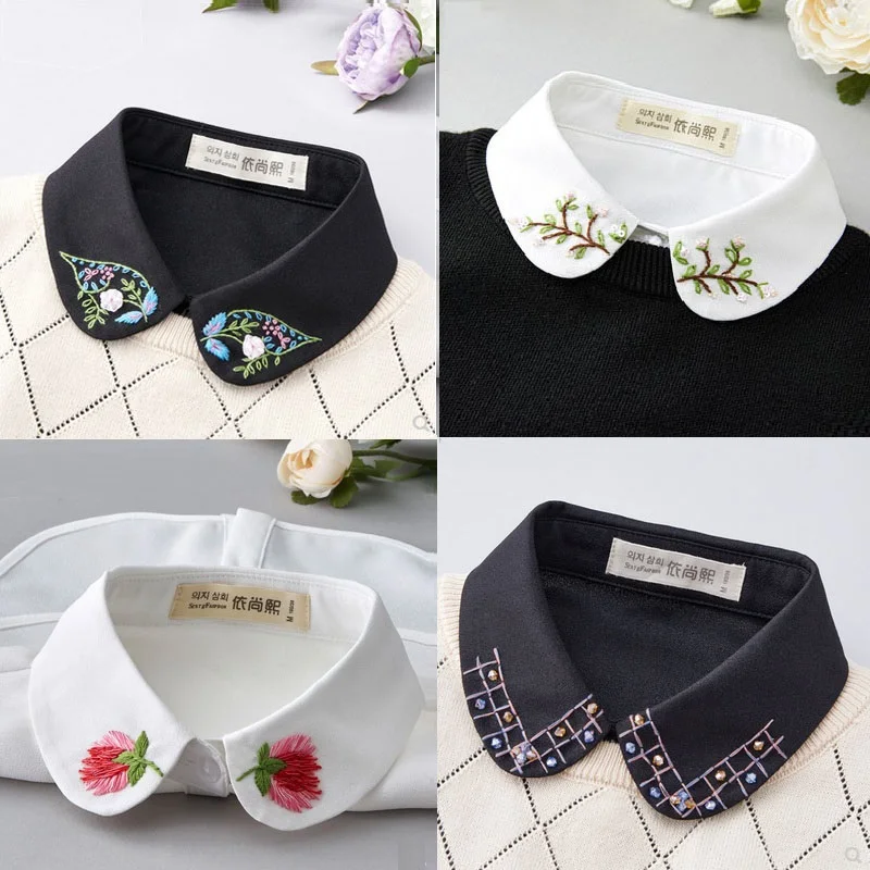 Elegant Embroidery Fake Collar Blouse Vintage Detachable Collar Women's Half Shirt False Tie Lapel Blouse Top галстук женский