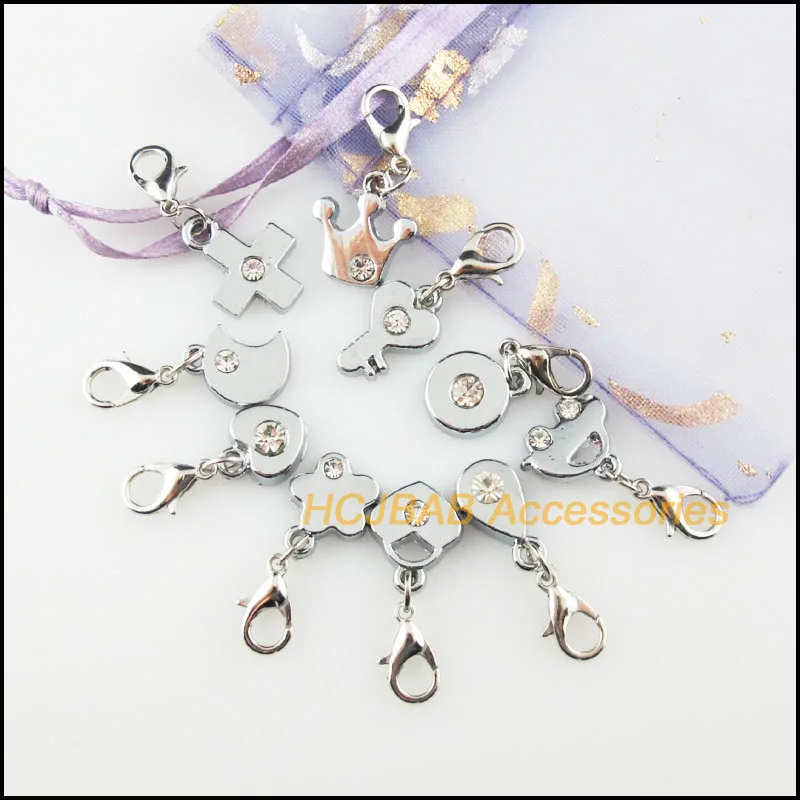 10Pcs Retro Tibetan Silver Plated Heart Cross Star Crown Teardrop Moon Charms Pendants With Lobster Claw Clasps