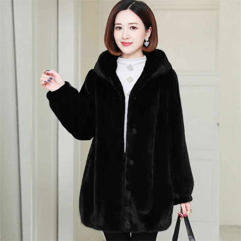 New 2023 Autumn Winter Imitation Mink Velvet Overcoat Women Thick Warm Outwear Hooded Mid Length Faux Fur Coat Female Parka  668