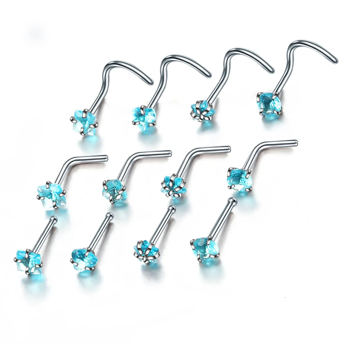 Crystal L Shape Nose Stud Set Stainless Steel