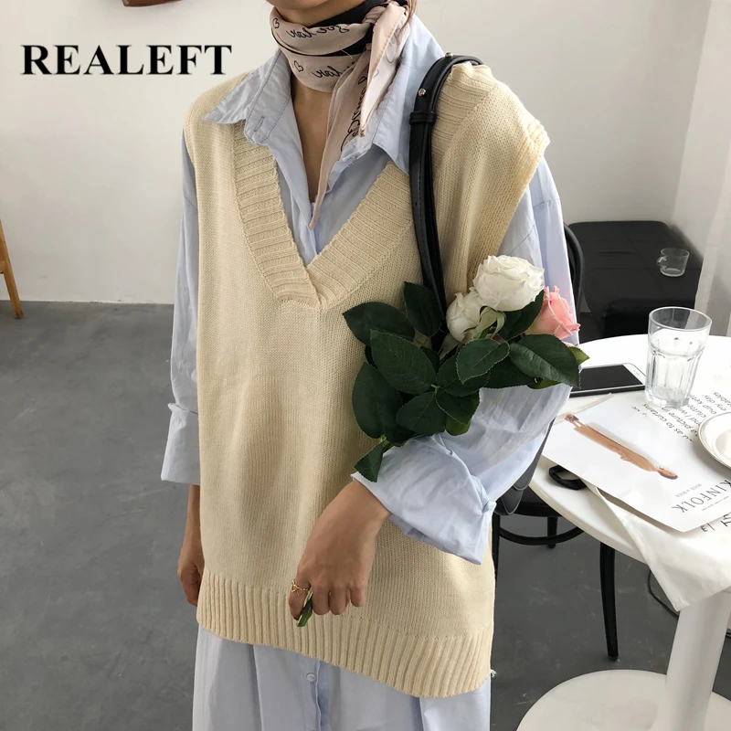 

REALEFT 2021 New Sleeveless Knitting Vest for Lady Elegant Fashionable Solid Color Casual Loose Women's Knitwear Sweaters Tops