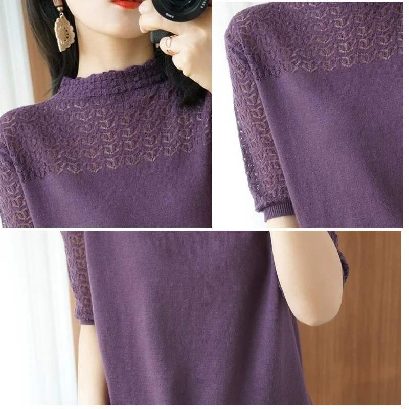 Summer Women Knitted Short Sleeve 2023 Thin Sweater Female Hollow Out Lace Turtleneck Pullover Ladies Biue Cotton Purple Jumpers