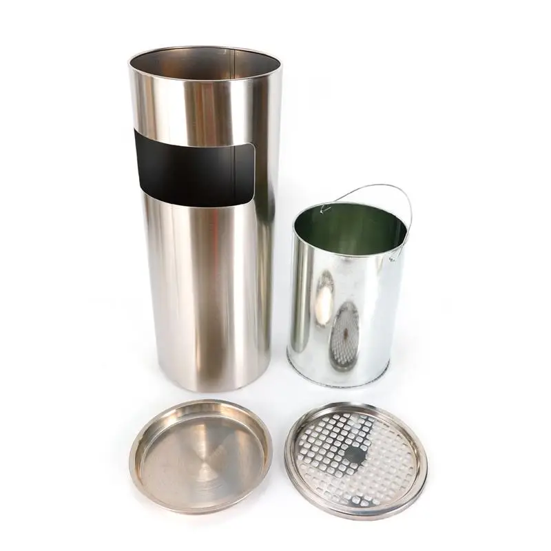 30L Practical Black / Silver Stainless Steel Vertical Ashtray with Liner Garbage Separator Office Building Hotel Trash Can