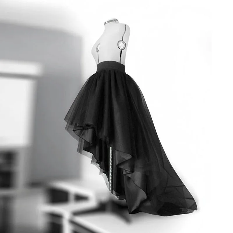 

Black High Low Layered Tulle Mesh Skirts for Women Asymmetrial Hem Tutu Wedding Bridal Gown Pleated Prom Party Skirt