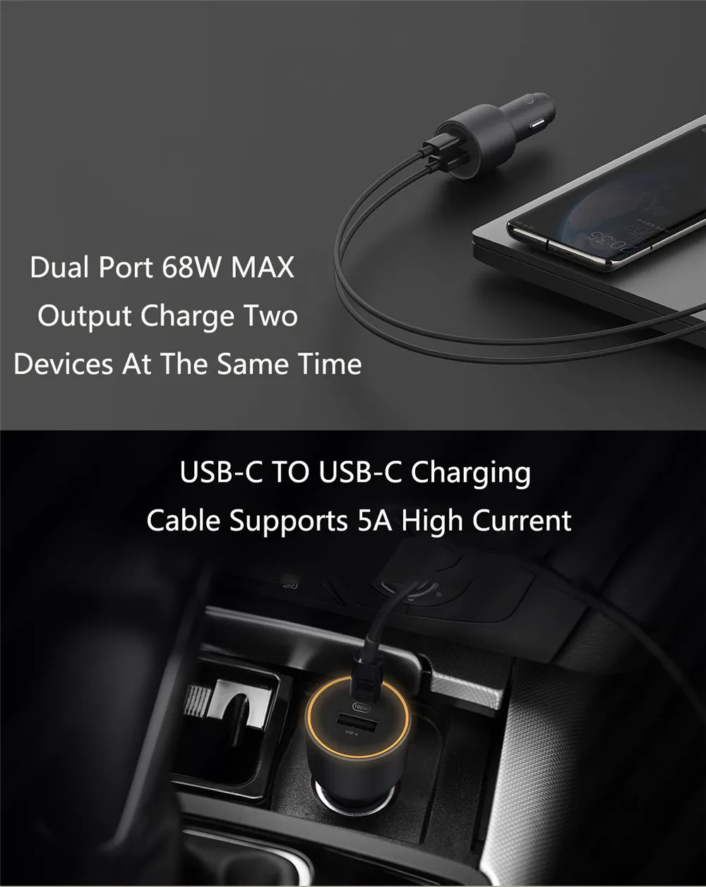 Xiaomi Mi Car Charger 100W MAX 1A1C Fast Charging Dual-port USB-A USB-C Smart Device Fully Compatible With Light Effect Display