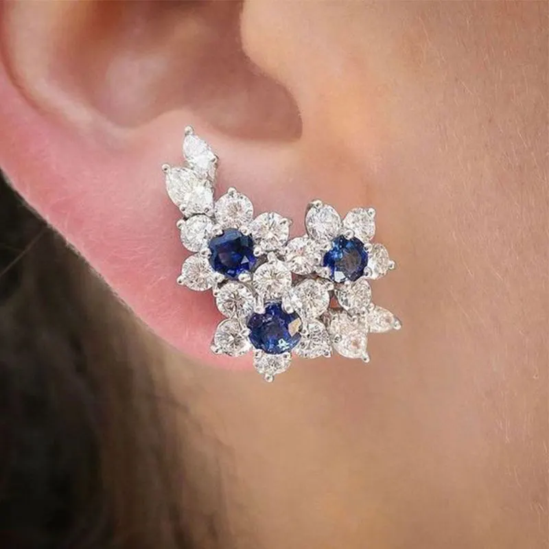 Huitan Temperament CZ Stud Earrings for Women Novel Blue Flower Design Brilliant Female Party Accessories Gift Statement Jewelry