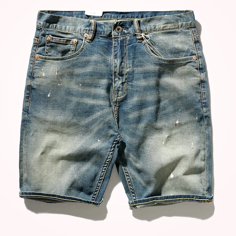 

Summer New American Retro Light Blue Denim Shorts Men's Fashion Washed Old Cat Beard Middle Waist Straight Knee Length Pants