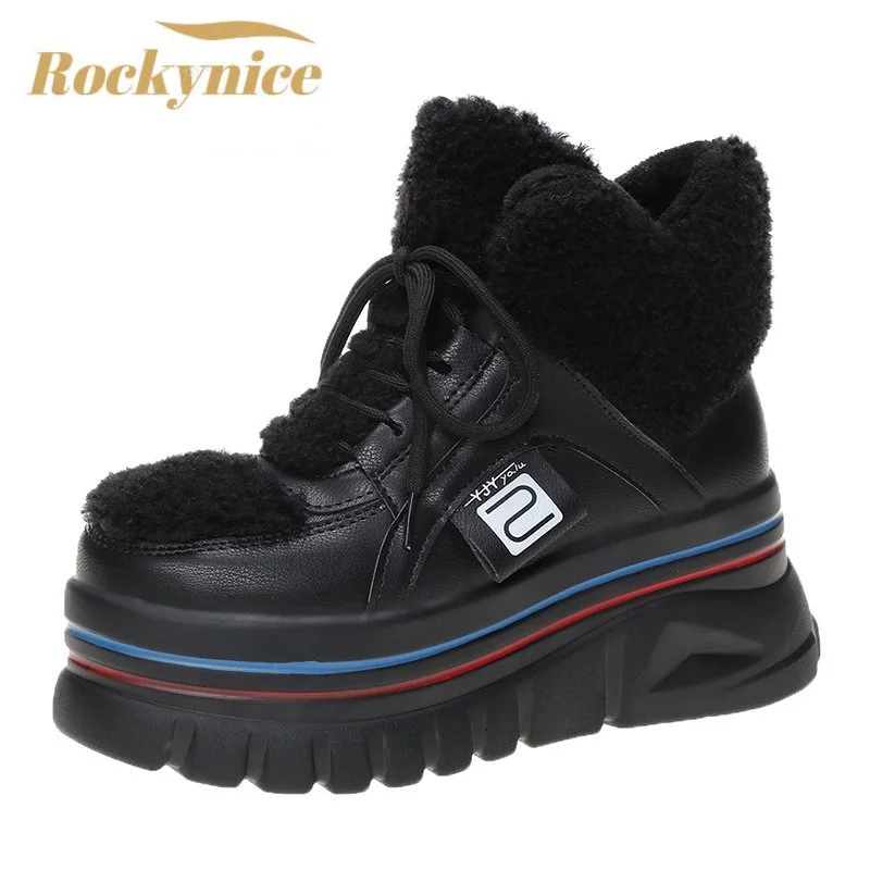 

Women Keep Warm Fur Winter Snow Boots Leather Ankle Boots Wedges High Platform Chunky Boots Fashion Tenis Walking Sneakers Woman