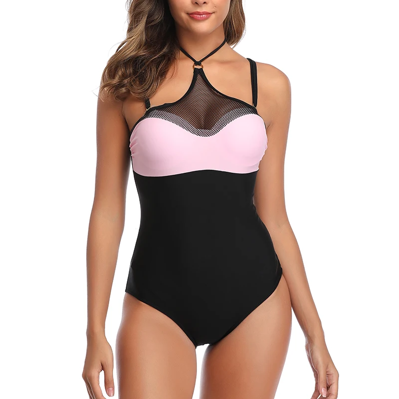 High Neck One Piece Swimsuit Push Up Mesh Beach Bodysuit Swimwear Women One-piece Swimsuits Black Women's Bathing Suits Female