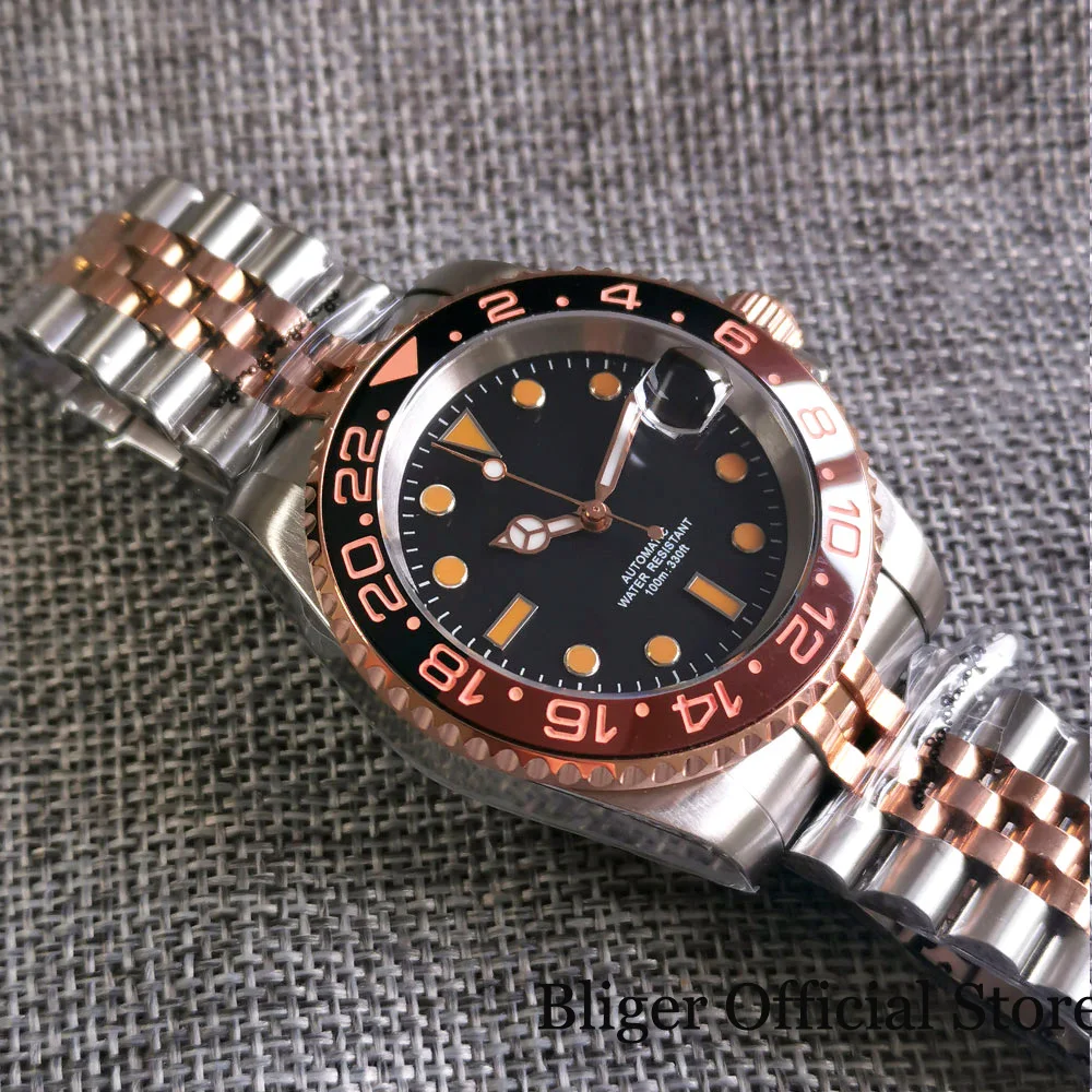 BLIGER Fashion 100M Waterproof NH35A PT5000 Two Tone Rose Gold Automatic Men Watch Jubilee Bracelet Root Beer Ceramic Insert