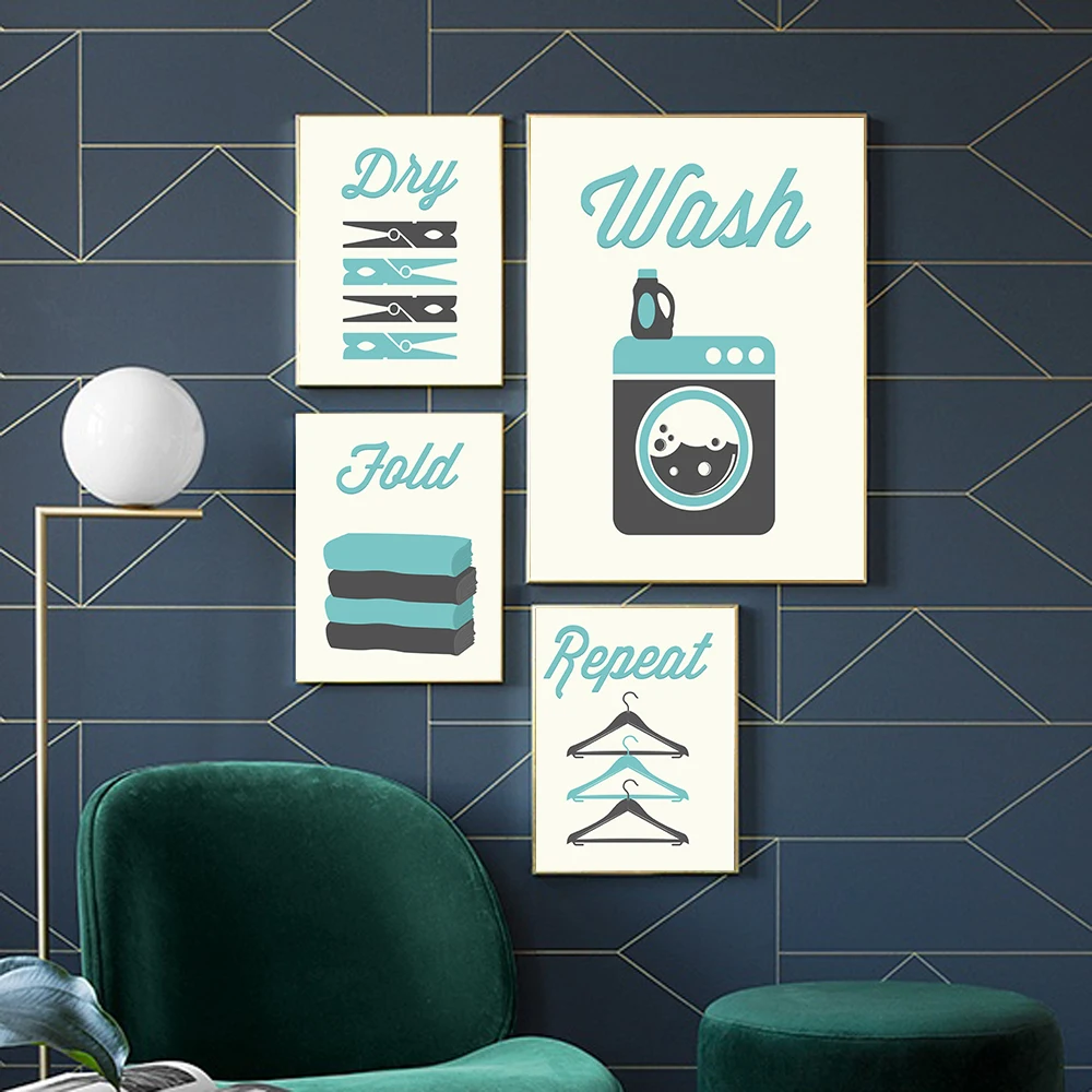Wash Dry Fold Repeat Laundry Sign Mid Century Wall Art Print Canvas Painting Nordic Poster And Print Wall Pictures Utility Room